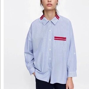 Zara Basic Blue and White Striped Button-Down Shirt